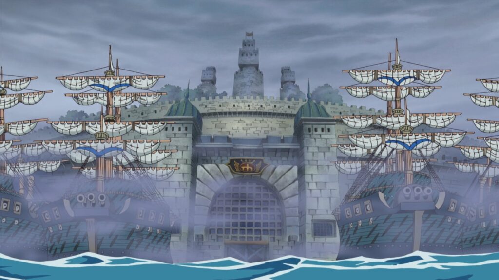 One Piece Episode 422 scene showing the Impel Down Fortress