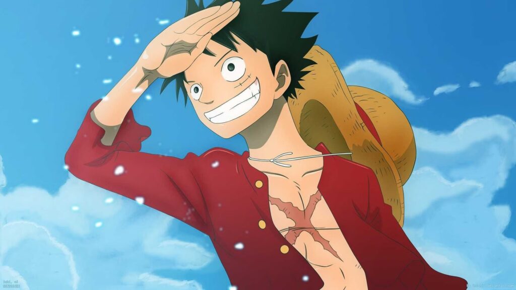 One Piece Monkey D. Luffy with straw hat on back smiling