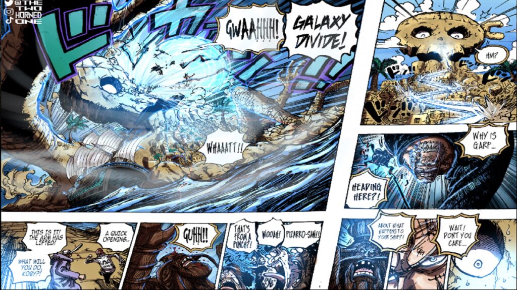 One Piece Chapter 1088. Garp used the Galaxy Impact to stop the Giant hand of Pizzaro.