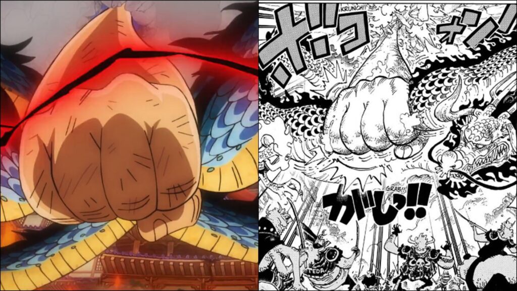 Luffy grabs Kaido and smashes him into the ground as if it were nothing.