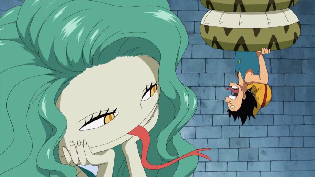 One Piece 403 Boa Sandersonia Is one of the Gorgon sister and she ate a zoan devil fruit.