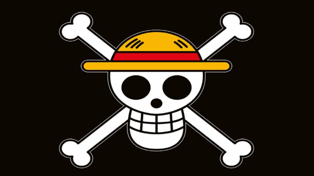 One Piece Jolly Roger of Straw hats pirates wears the symbolic straw hat.