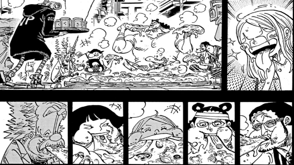 One Piece 1100 Vegapunk, Sentomaru, Bonney, Kuma and Kizaru are spending time together on Egghead.