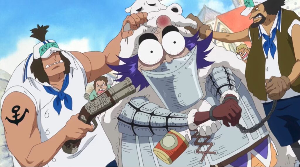 One Piece Wapol tried to run and got captured by the Marines.
